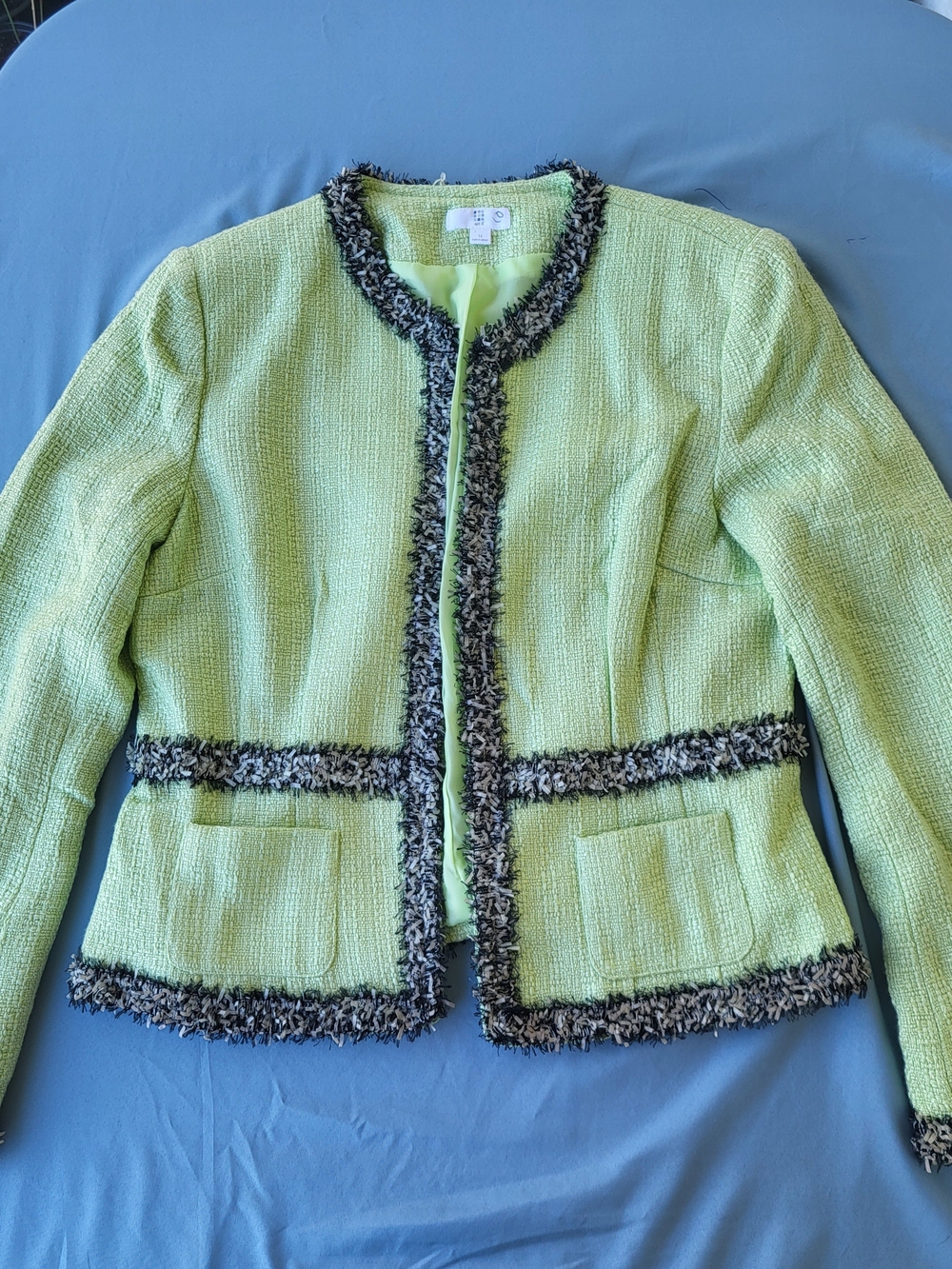 Apt. 9 Lime Green Tweed Jacket with Black-and-White Fringe Trim